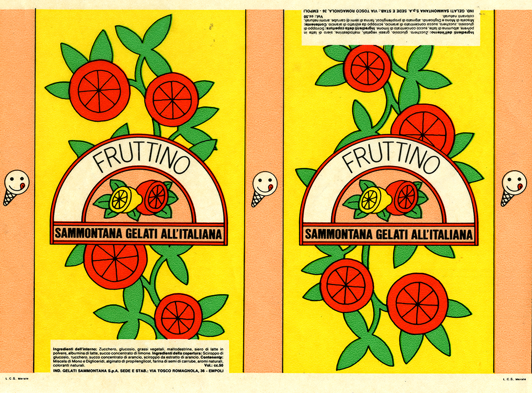 Label for Fruttino gelato with red flowers shaped like orange slices on a yellow background